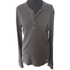 American Eagle Waffle Knit Shirt Thermal Henley Gray Logo Cabin Casual Small